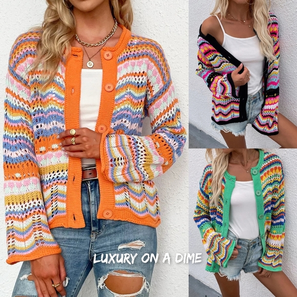 Bright Chevron Stripe Openwork Knit Button Front Long Sleeve Retro Cardigan Pink - Picture 6 of 6